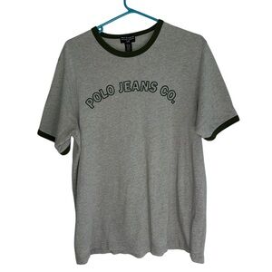 Vintage Rare Polo Ralph Lauren Graphic Tee with Green Ringer Style (size Large)